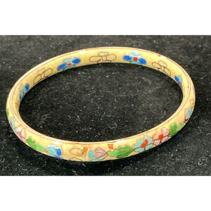 Cloisonné Enamel Floral Bangle Bracelet 2.5” Diam Yellow Pastel Blue